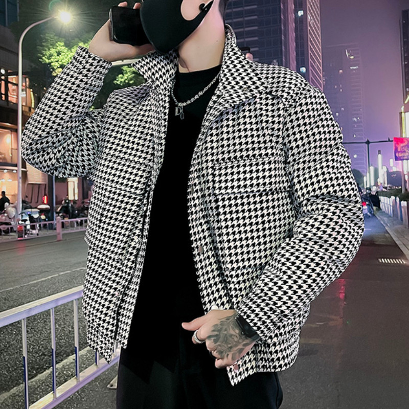 Κορεάτικο Μόδα Houndstooth Χειμερινό Μπουφάν Ανδρικό Παχύ Κοντό Κοντό Parka Casual Business Παλτό με φερμουάρ Hiphop Πανωφόρι 2022