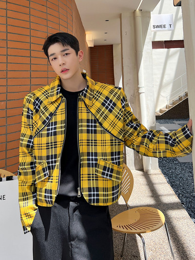 SYUHGFA Ανδρικά ρούχα 2023 Φθινόπωρο Κορεάτικα Streetwear Κοντό ύφος Κίτρινο καρό μπουφάν Φαρδύ παλτό Ανδρικά μπουφάν με φερμουάρ