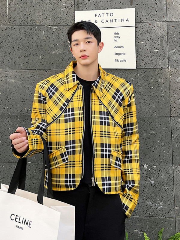 SYUHGFA Ανδρικά ρούχα 2023 Φθινόπωρο Κορεάτικα Streetwear Κοντό ύφος Κίτρινο καρό μπουφάν Φαρδύ παλτό Ανδρικά μπουφάν με φερμουάρ