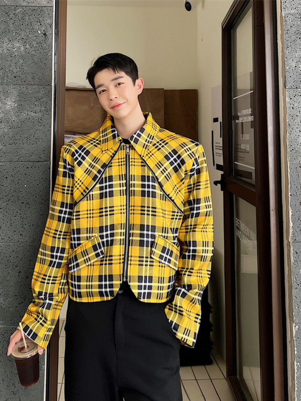 SYUHGFA Ανδρικά ρούχα 2023 Φθινόπωρο Κορεάτικα Streetwear Κοντό ύφος Κίτρινο καρό μπουφάν Φαρδύ παλτό Ανδρικά μπουφάν με φερμουάρ