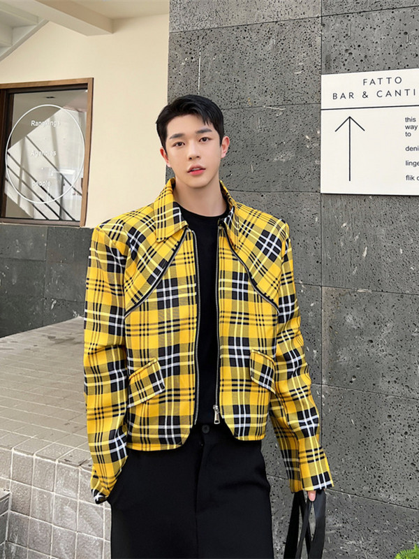 SYUHGFA Ανδρικά ρούχα 2023 Φθινόπωρο Κορεάτικα Streetwear Κοντό ύφος Κίτρινο καρό μπουφάν Φαρδύ παλτό Ανδρικά μπουφάν με φερμουάρ