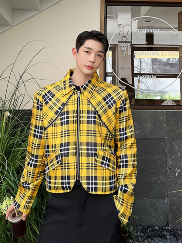 SYUHGFA Ανδρικά ρούχα 2023 Φθινόπωρο Κορεάτικα Streetwear Κοντό ύφος Κίτρινο καρό μπουφάν Φαρδύ παλτό Ανδρικά μπουφάν με φερμουάρ