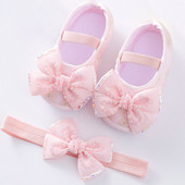 Bebeluși Fetițe Prințesă Pearl Pantofi Bowknot Set Bentita Pantofi First Walker Sugari Copii mici Talpă moale Anti-salt Walker Primăvara Toamnă