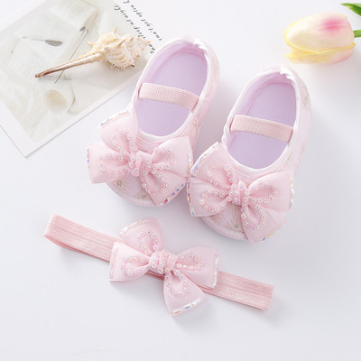Bebeluși Fetițe Prințesă Pearl Pantofi Bowknot Set Bentita Pantofi First Walker Sugari Copii mici Talpă moale Anti-salt Walker Primăvara Toamnă