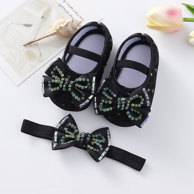 Bebeluși Fetițe Prințesă Pearl Pantofi Bowknot Set Bentita Pantofi First Walker Sugari Copii mici Talpă moale Anti-salt Walker Primăvara Toamnă