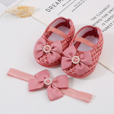 Bebeluși Fetițe Prințesă Pearl Pantofi Bowknot Set Bentita Pantofi First Walker Sugari Copii mici Talpă moale Anti-salt Walker Primăvara Toamnă
