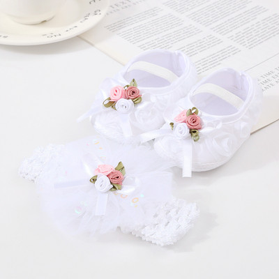 Bebeluși Fetițe Prințesă Pearl Pantofi Bowknot Set Bentita Pantofi First Walker Sugari Copii mici Talpă moale Anti-salt Walker Primăvara Toamnă