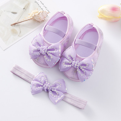 Bebeluși Fetițe Prințesă Pearl Pantofi Bowknot Set Bentita Pantofi First Walker Sugari Copii mici Talpă moale Anti-salt Walker Primăvara Toamnă