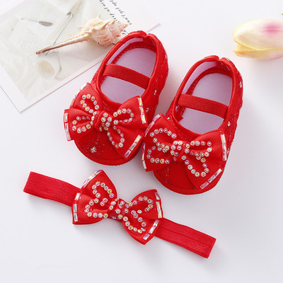 Bebeluși Fetițe Prințesă Pearl Pantofi Bowknot Set Bentita Pantofi First Walker Sugari Copii mici Talpă moale Anti-salt Walker Primăvara Toamnă