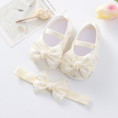 Bebeluși Fetițe Prințesă Pearl Pantofi Bowknot Set Bentita Pantofi First Walker Sugari Copii mici Talpă moale Anti-salt Walker Primăvara Toamnă