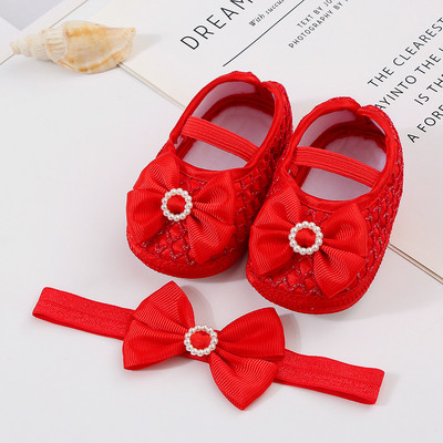 Bebeluși Fetițe Prințesă Pearl Pantofi Bowknot Set Bentita Pantofi First Walker Sugari Copii mici Talpă moale Anti-salt Walker Primăvara Toamnă