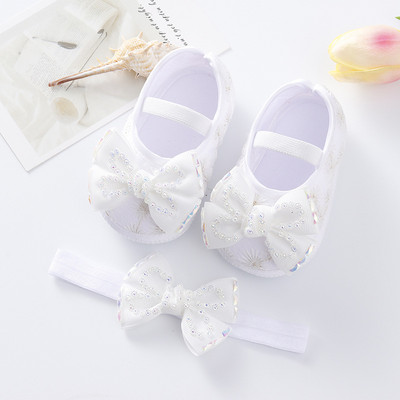 Bebeluși Fetițe Prințesă Pearl Pantofi Bowknot Set Bentita Pantofi First Walker Sugari Copii mici Talpă moale Anti-salt Walker Primăvara Toamnă