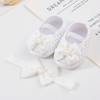 Bebeluși Fetițe Prințesă Pearl Pantofi Bowknot Set Bentita Pantofi First Walker Sugari Copii mici Talpă moale Anti-salt Walker Primăvara Toamnă