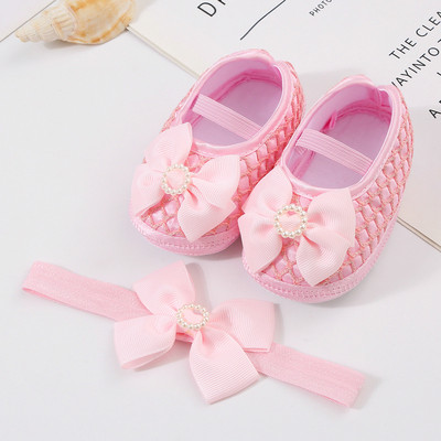 Bebeluși Fetițe Prințesă Pearl Pantofi Bowknot Set Bentita Pantofi First Walker Sugari Copii mici Talpă moale Anti-salt Walker Primăvara Toamnă
