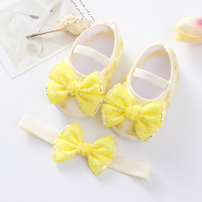 Bebeluși Fetițe Prințesă Pearl Pantofi Bowknot Set Bentita Pantofi First Walker Sugari Copii mici Talpă moale Anti-salt Walker Primăvara Toamnă