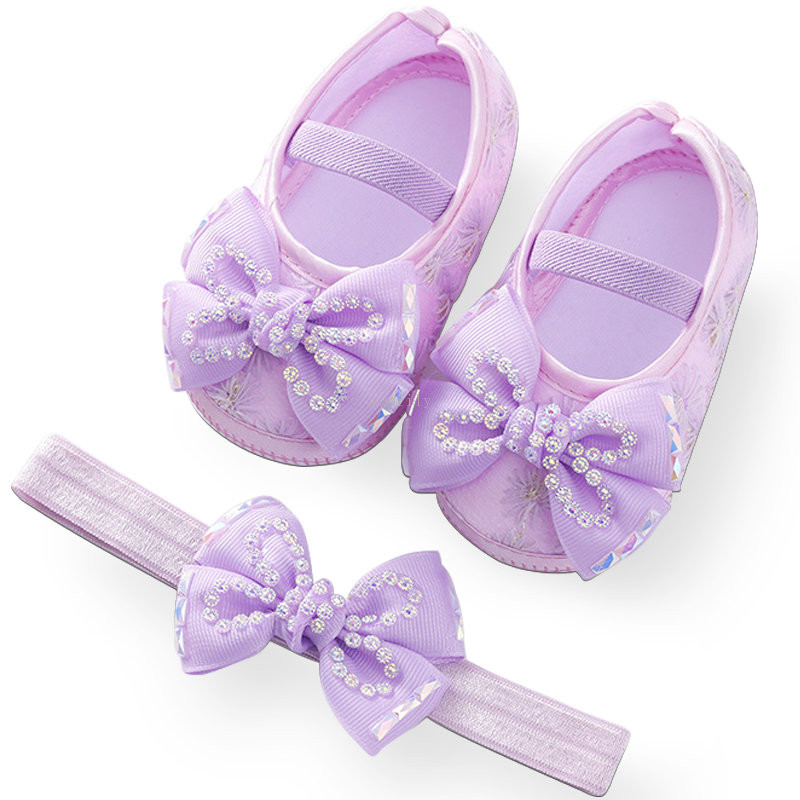 Bebeluși Fetițe Prințesă Pearl Pantofi Bowknot Set Bentita Pantofi First Walker Sugari Copii mici Talpă moale Anti-salt Walker Primăvara Toamnă