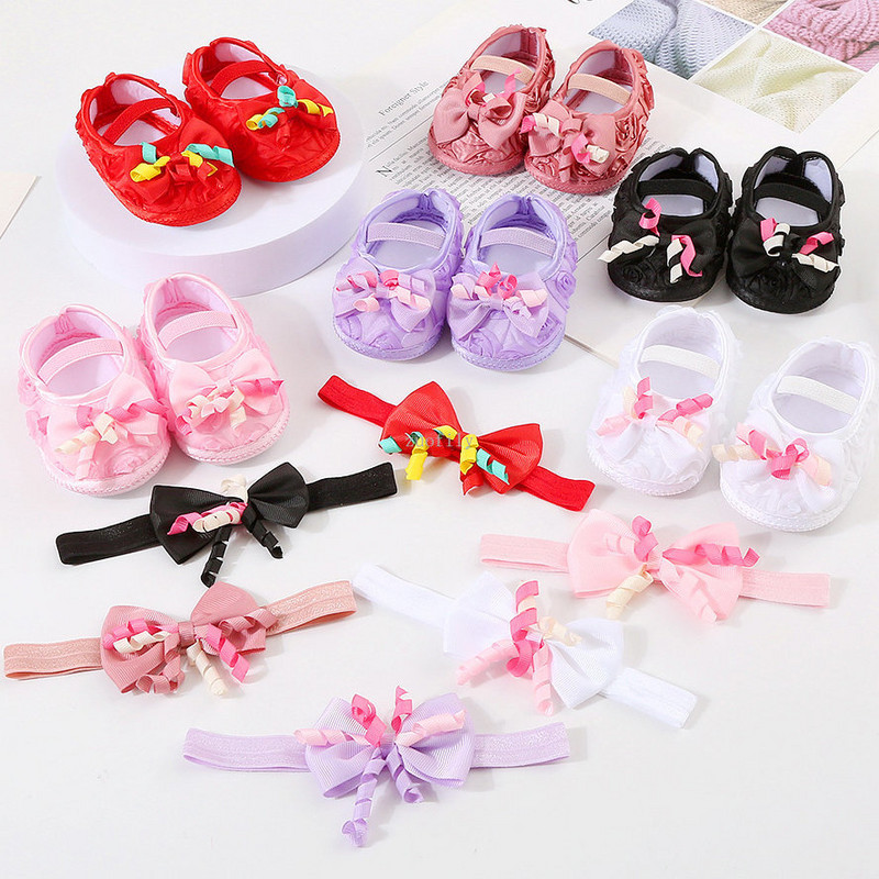 Bebeluși Fetițe Prințesă Pearl Pantofi Bowknot Set Bentita Pantofi First Walker Sugari Copii mici Talpă moale Anti-salt Walker Primăvara Toamnă