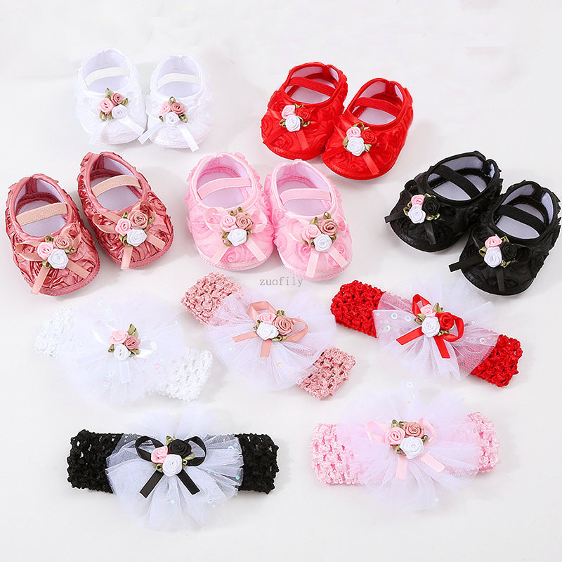 Bebeluși Fetițe Prințesă Pearl Pantofi Bowknot Set Bentita Pantofi First Walker Sugari Copii mici Talpă moale Anti-salt Walker Primăvara Toamnă