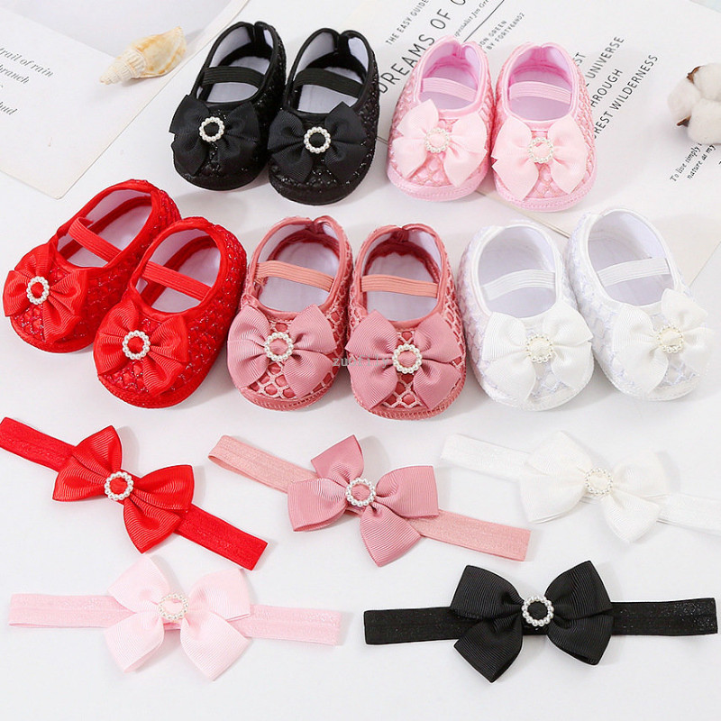 Bebeluși Fetițe Prințesă Pearl Pantofi Bowknot Set Bentita Pantofi First Walker Sugari Copii mici Talpă moale Anti-salt Walker Primăvara Toamnă