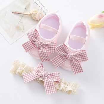 0~18M Сладки обувки за новородено с панделка Комплект ленти за глава Противохлъзгащи се бебешки бебета First Walker Бебешки момиченца Новородени розови обувки с мека подметка