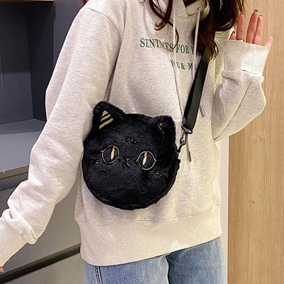 Japán stílusú Kawaii fekete macskatáska női rajzfilm plüss válltáska nőknek Crossbody táska Bolyhos kis telefon- és pénztárca