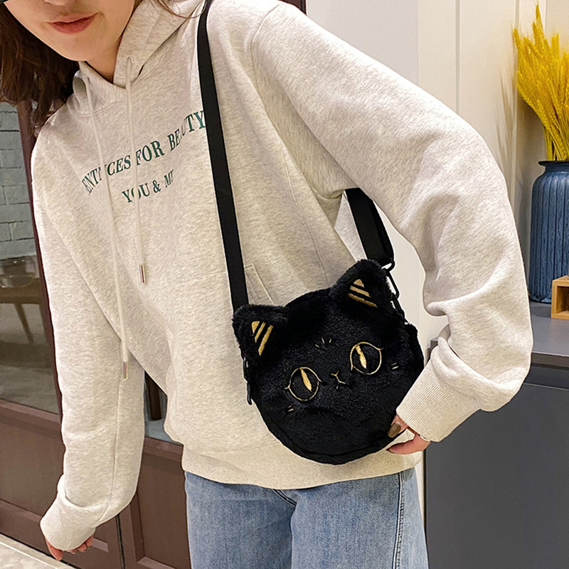 Τσάντα ιαπωνικού στυλ Kawaii Μαύρη γάτα Γυναικεία βελούδινη τσάντα ώμου κινουμένων σχεδίων για γυναικεία τσάντα χιαστί Αφράτη μικρή τσάντα τηλεφώνου και πορτοφολιού