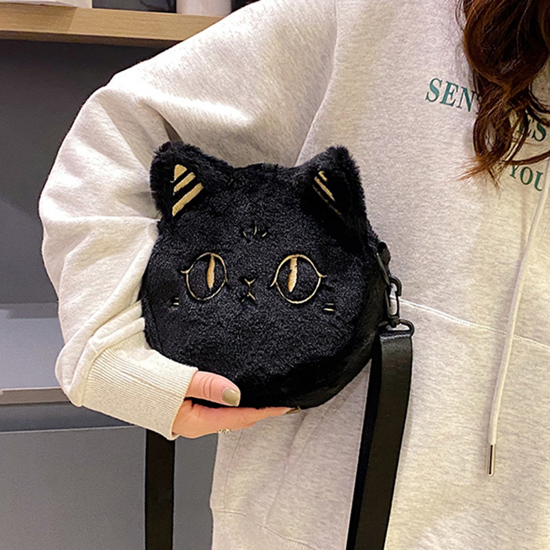 Τσάντα ιαπωνικού στυλ Kawaii Μαύρη γάτα Γυναικεία βελούδινη τσάντα ώμου κινουμένων σχεδίων για γυναικεία τσάντα χιαστί Αφράτη μικρή τσάντα τηλεφώνου και πορτοφολιού