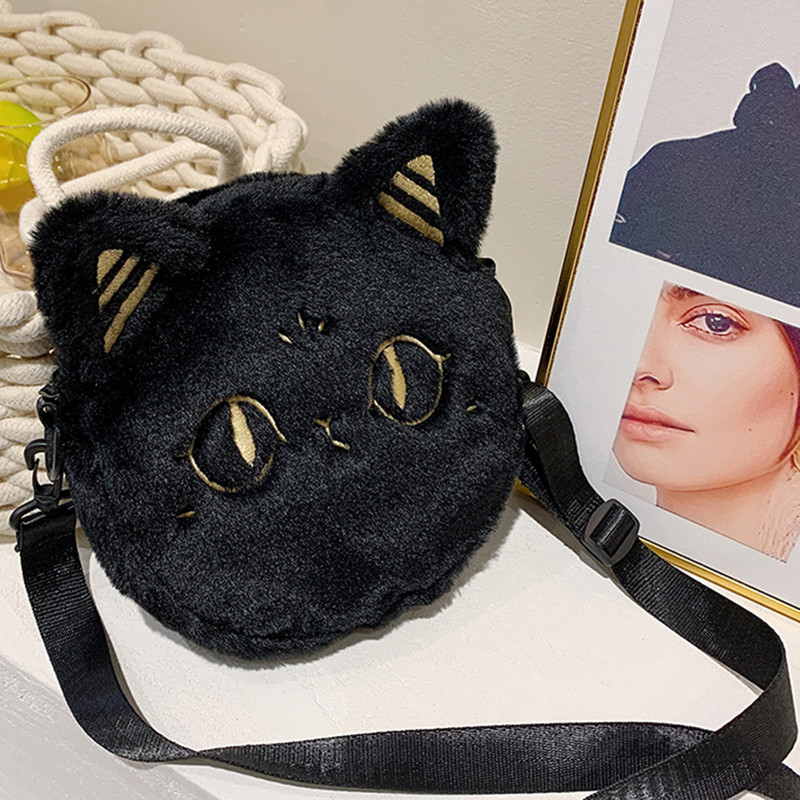 Τσάντα ιαπωνικού στυλ Kawaii Μαύρη γάτα Γυναικεία βελούδινη τσάντα ώμου κινουμένων σχεδίων για γυναικεία τσάντα χιαστί Αφράτη μικρή τσάντα τηλεφώνου και πορτοφολιού