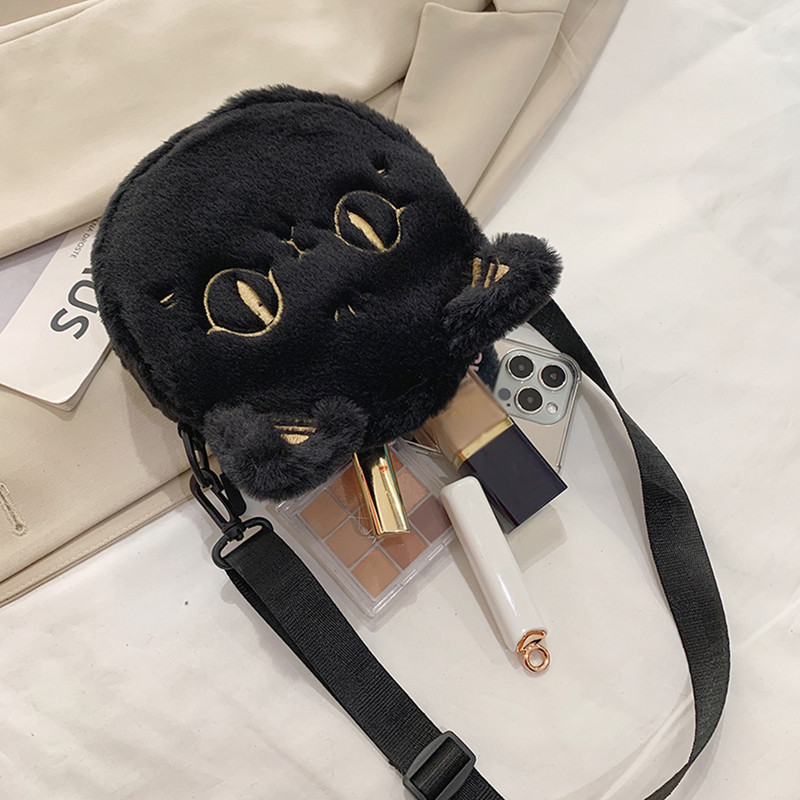 Τσάντα ιαπωνικού στυλ Kawaii Μαύρη γάτα Γυναικεία βελούδινη τσάντα ώμου κινουμένων σχεδίων για γυναικεία τσάντα χιαστί Αφράτη μικρή τσάντα τηλεφώνου και πορτοφολιού
