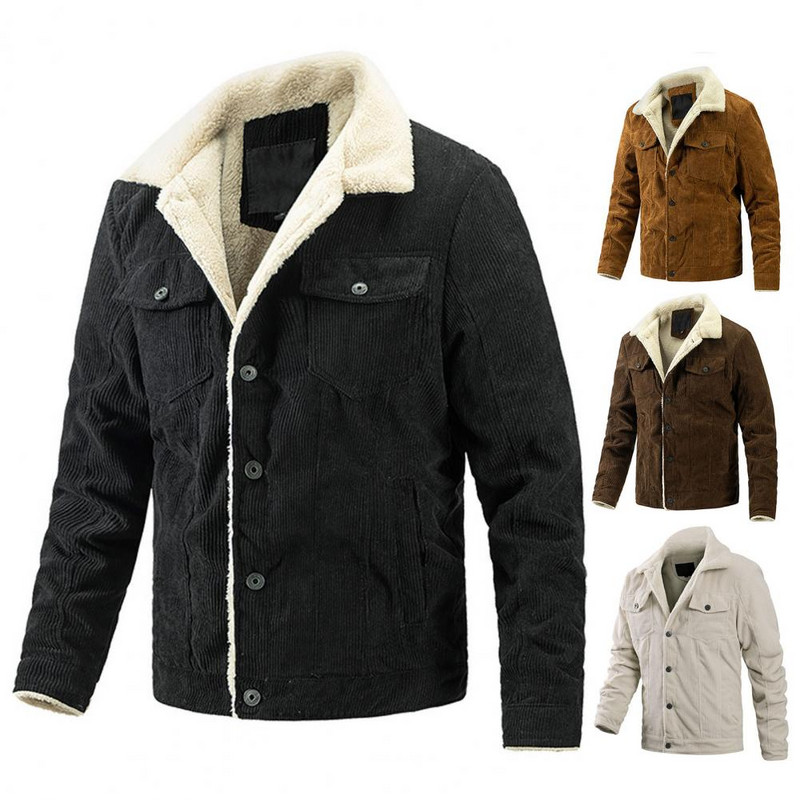 Ανδρικό χειμωνιάτικο παλτό φλις κοτλέ Casual Parka με γυριστό γιακά Ζεστά ανδρικά μπουφάν με δύο τσέπες Μονό παλτό