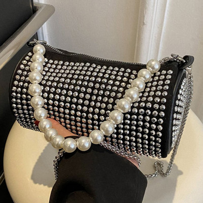 Γυναικεία Bling Sling Τσάντα με Πέρλες Λαβή Κύλινδρο Φωτεινή Κομψή Τσάντα Γυαλιστερή στρας Κλείσιμο με φερμουάρ για Δείπνο Γάμος