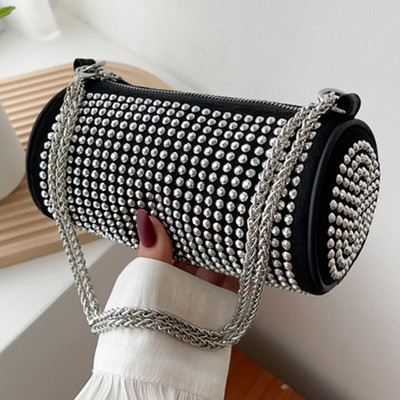 Γυναικεία Bling Sling Τσάντα με Πέρλες Λαβή Κύλινδρο Φωτεινή Κομψή Τσάντα Γυαλιστερή στρας Κλείσιμο με φερμουάρ για Δείπνο Γάμος