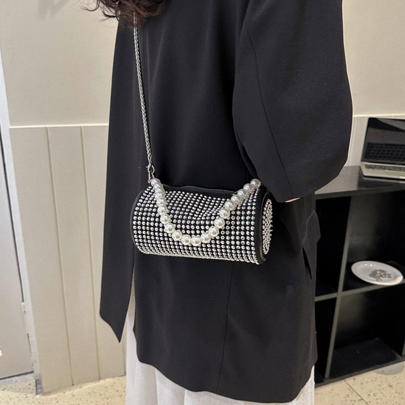 Γυναικεία Bling Sling Τσάντα με Πέρλες Λαβή Κύλινδρο Φωτεινή Κομψή Τσάντα Γυαλιστερή στρας Κλείσιμο με φερμουάρ για Δείπνο Γάμος