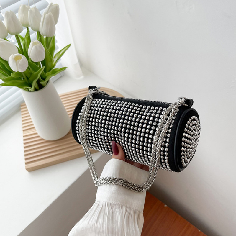 Γυναικεία Bling Sling Τσάντα με Πέρλες Λαβή Κύλινδρο Φωτεινή Κομψή Τσάντα Γυαλιστερή στρας Κλείσιμο με φερμουάρ για Δείπνο Γάμος