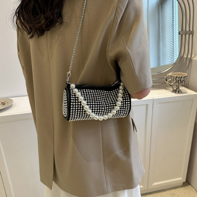 Γυναικεία Bling Sling Τσάντα με Πέρλες Λαβή Κύλινδρο Φωτεινή Κομψή Τσάντα Γυαλιστερή στρας Κλείσιμο με φερμουάρ για Δείπνο Γάμος