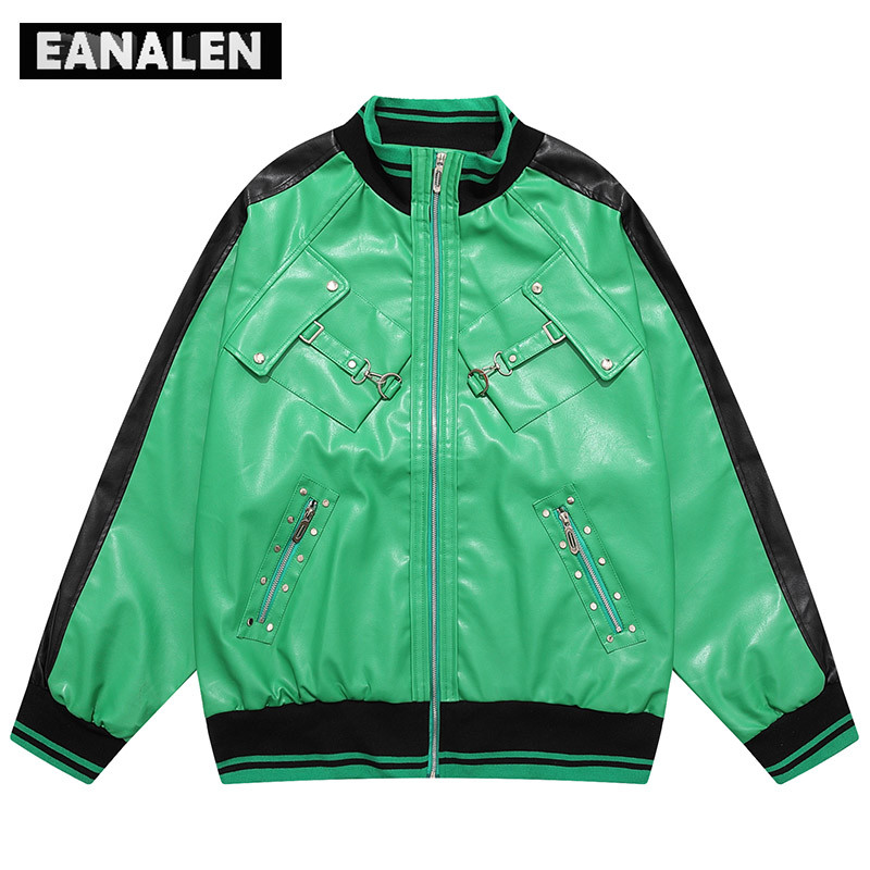 Harajuku Retro Fekete Zöld Motoros Verseny Iskola Csapat Bőrkabát Férfi Rövid Téli Funkcionális Kabát Technológiai Ruházat