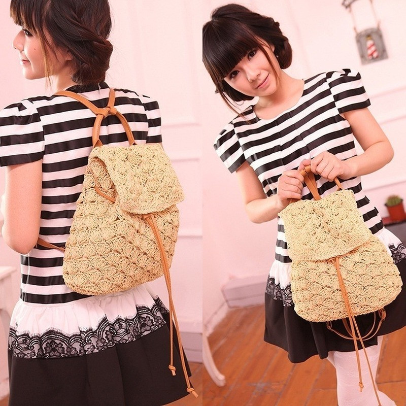 Rucsac pentru femei din paie Geantă de școală țesătă multifuncțională 2022 Geantă de călătorie casual pentru plajă Fată