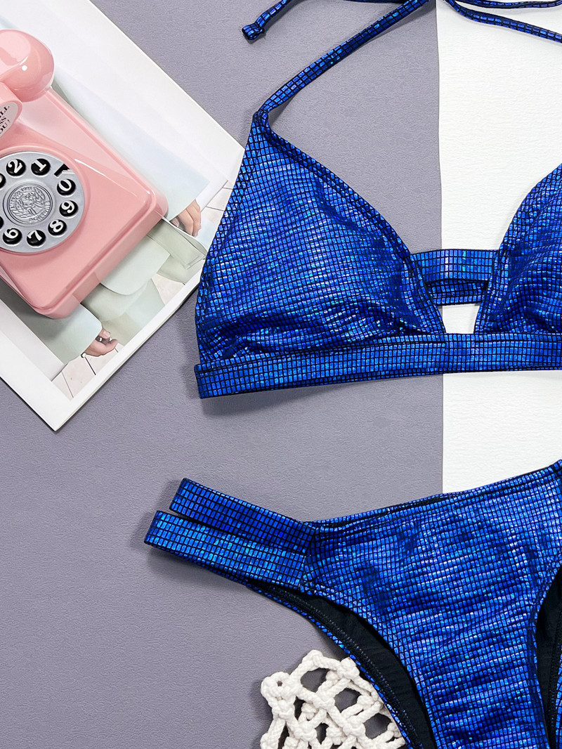 Vigoashely 2023 RoyalBlue Seotud päitsetega bikiinid Seksikad kõrge vöökohaga õõnsatega ujumistrikoo Naiste ujumisriided Biquiinis rannas ujumistrikoo