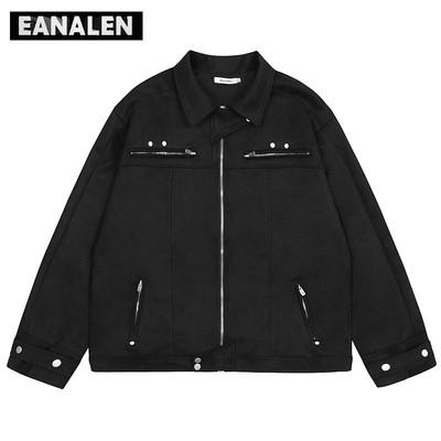 Harajuku Retro Black Mootorrataste võidusõidu koolimeeskonna jakk Meeste lühike talvine Superfunktsionaalne tuulejope tehnoloogia Y2K