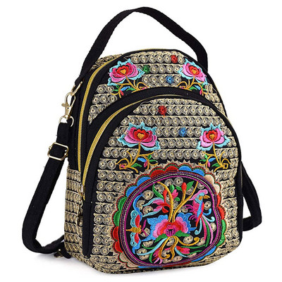 Femei Fete Vintage Mini Genți Crossbody Rucsac Pânză Brodat Flore Fermoar Geanta de umăr de călătorie Rucs de zi pentru Cumpărături de călătorie