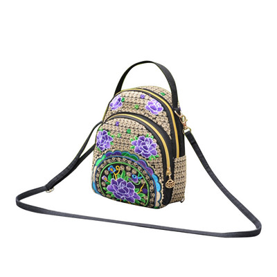 Femei Fete Vintage Mini Genți Crossbody Rucsac Pânză Brodat Flore Fermoar Geanta de umăr de călătorie Rucs de zi pentru Cumpărături de călătorie
