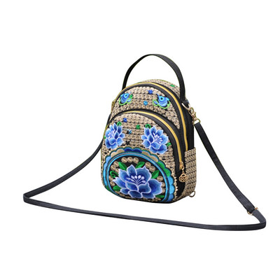 Femei Fete Vintage Mini Genți Crossbody Rucsac Pânză Brodat Flore Fermoar Geanta de umăr de călătorie Rucs de zi pentru Cumpărături de călătorie