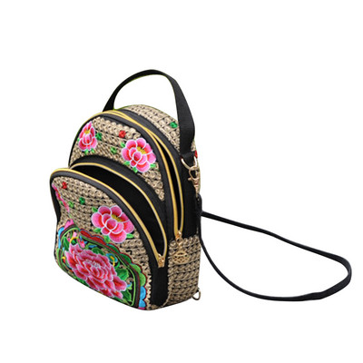 Femei Fete Vintage Mini Genți Crossbody Rucsac Pânză Brodat Flore Fermoar Geanta de umăr de călătorie Rucs de zi pentru Cumpărături de călătorie