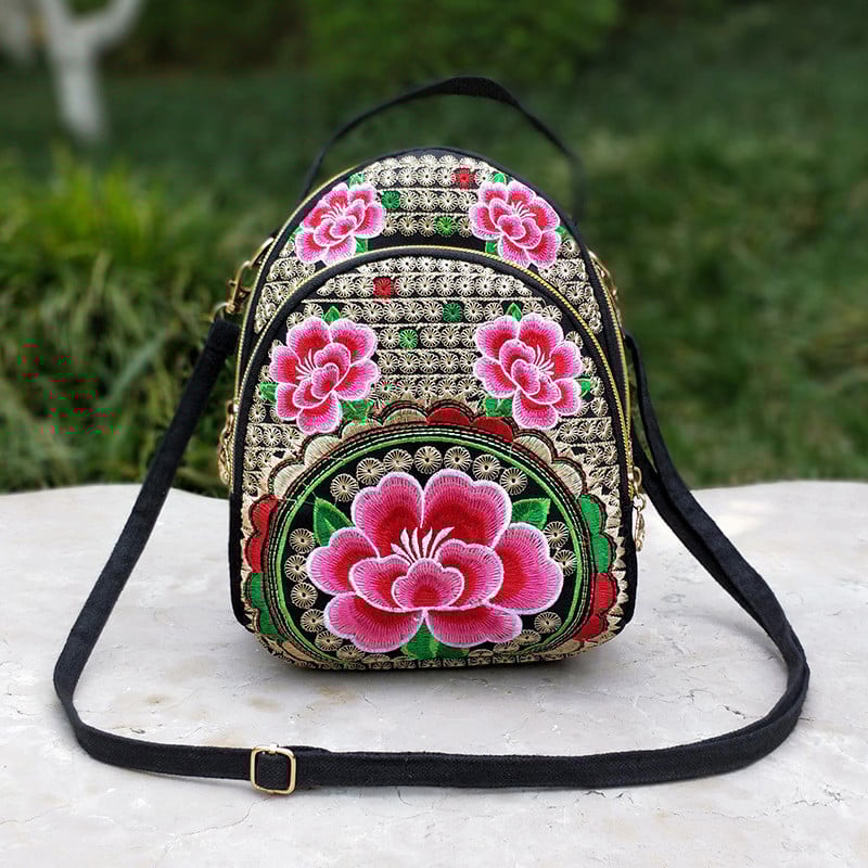 Femei Fete Vintage Mini Genți Crossbody Rucsac Pânză Brodat Flore Fermoar Geanta de umăr de călătorie Rucs de zi pentru Cumpărături de călătorie
