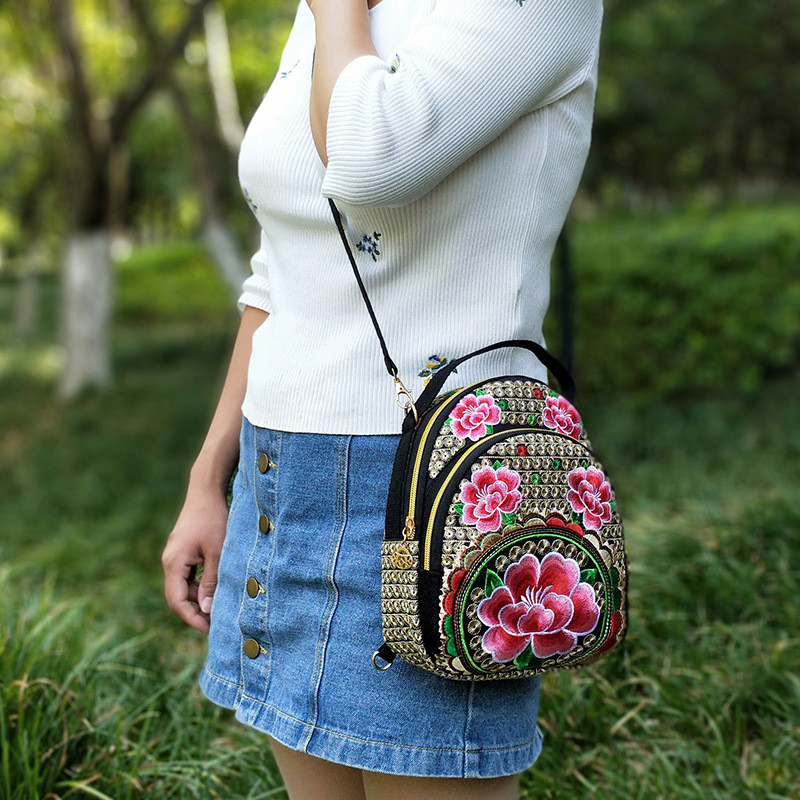 Femei Fete Vintage Mini Genți Crossbody Rucsac Pânză Brodat Flore Fermoar Geanta de umăr de călătorie Rucs de zi pentru Cumpărături de călătorie