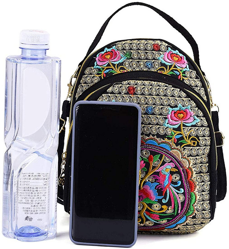 Femei Fete Vintage Mini Genți Crossbody Rucsac Pânză Brodat Flore Fermoar Geanta de umăr de călătorie Rucs de zi pentru Cumpărături de călătorie