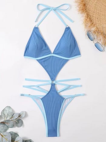 Vigoashely 2023 Sexy Blue Halter Γυναικεία μαγιό String Cross Hollow One Piece Μαγιό Monokini High Cut χωρίς πλάτη