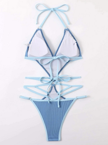 Vigoashely 2023 Sexy Blue Halter Γυναικεία μαγιό String Cross Hollow One Piece Μαγιό Monokini High Cut χωρίς πλάτη