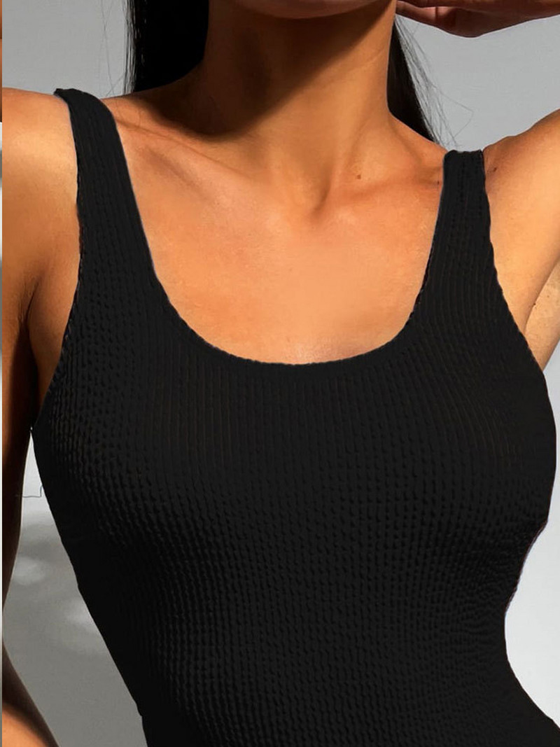 Vigorashely 2023 Set de bikini cu guler în U cu nervuri negre Costum de baie cu bretele înalte Costum de baie pentru femei fără spate Costum de baie dintr-o bucată pentru plajă