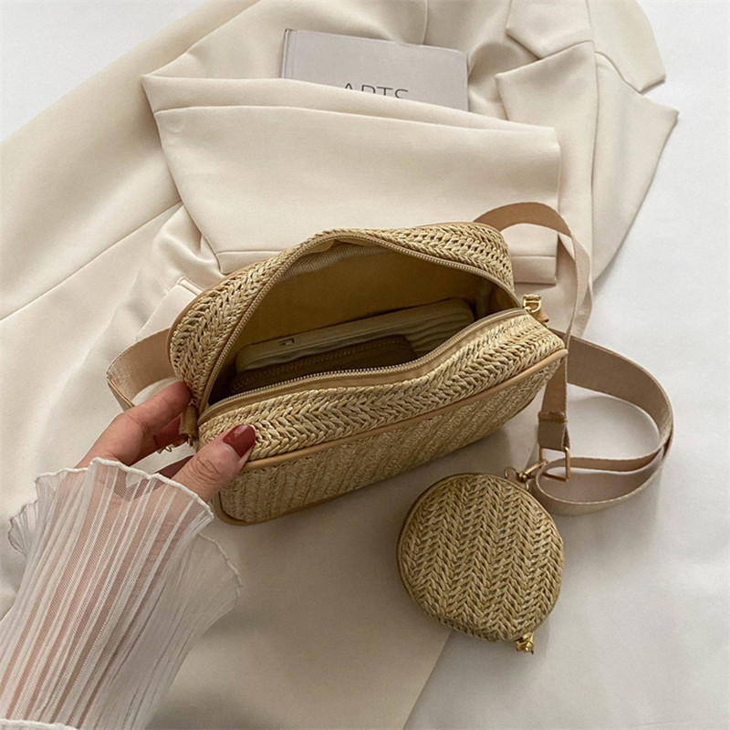 Geantă de umăr din paie de vară pentru femei, frânghie de hârtie din rafie, genți de mână pentru plajă, ocazional, Messenger, poșetă pentru femei